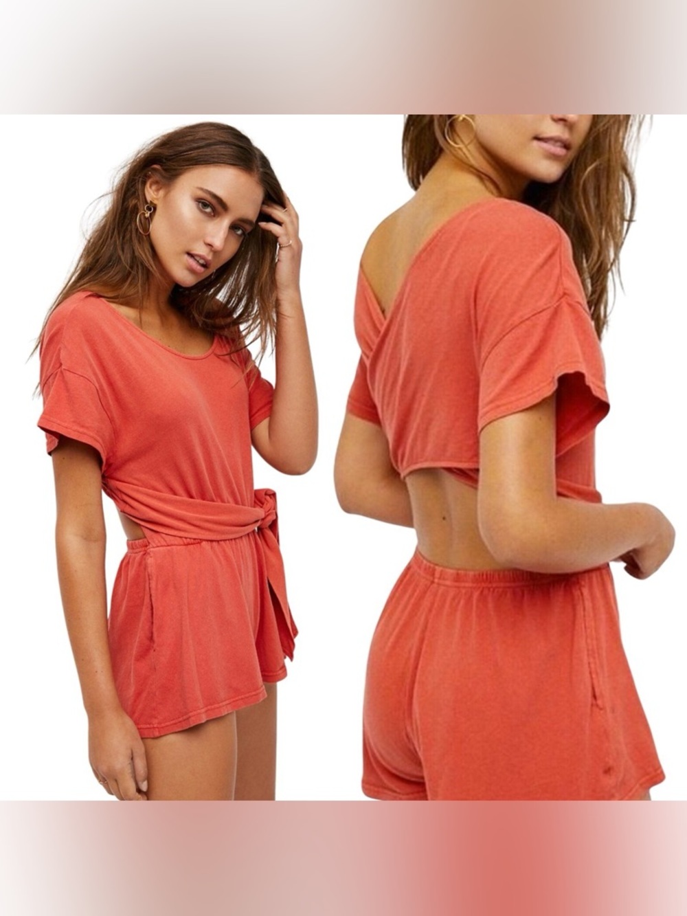 Free People Coral Short Sleeve Tied Waist Romper
